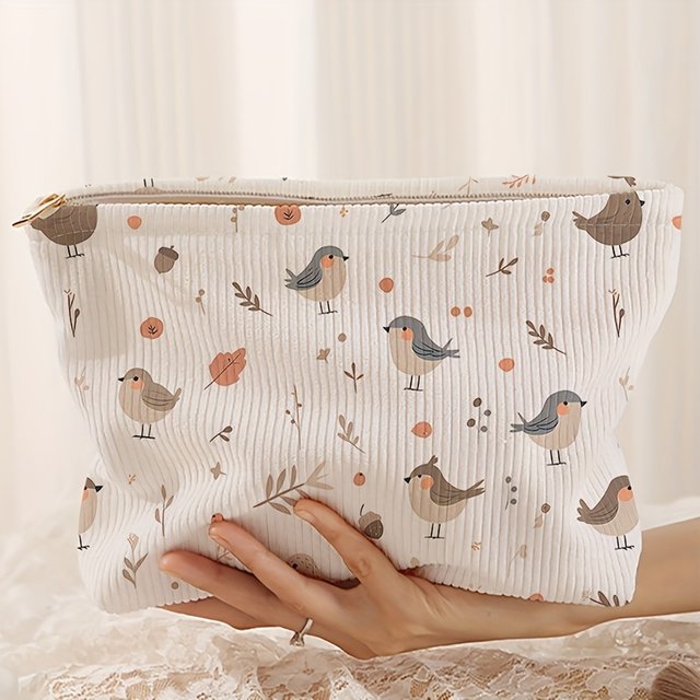 1 bird patterned corduroy makeup bag, lightweight zipper makeup storage box, multifunctional bag with lining