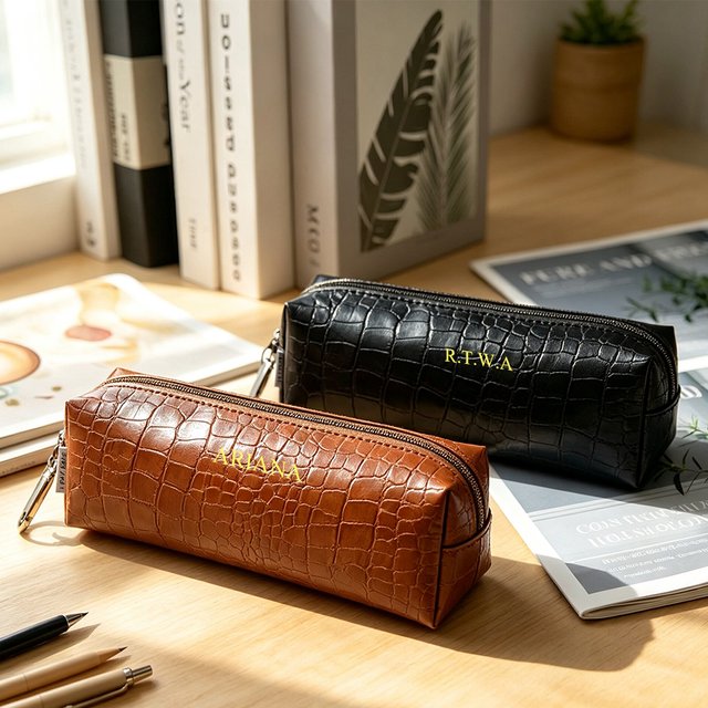 Custom Letters Crocodile Pattern Pen Pouch Zip PU Leather DIY Pen Bag Personalized Wholesale Travel Cosmetic Bag Storage Bags