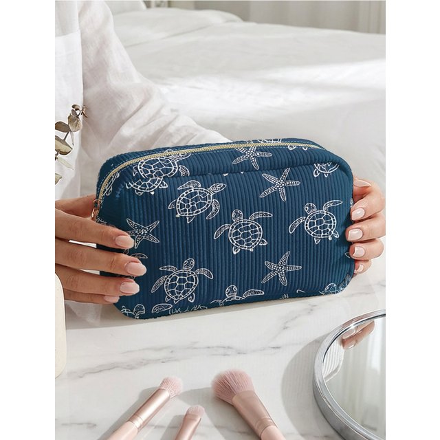 Ocean Turtle Starfish Printed Makeup Bag Corduroy Portable Travel Cosmetic Case Zipper Toiletry Wash Storage Pouch