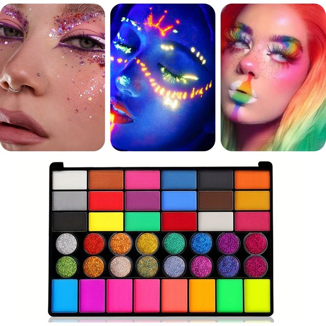 42 Colors UV Neon Face Paint Set Water Soluble Fluorescent Glitter Art Makeup for Body Painting Festivals Halloween