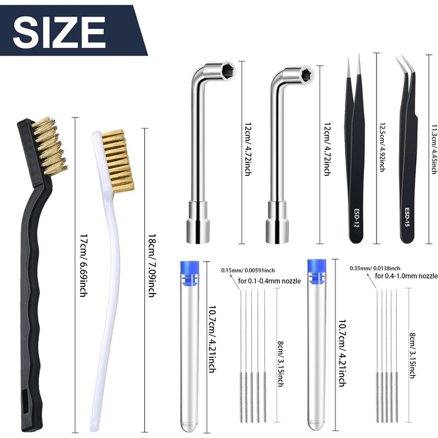 16pcs 3D Printer Cleaner Tool Copper Wire Brush Toothbrush Nozzle Cleaning Needle Cleaning Tweezers Wrench 3D Printer Tool Kit