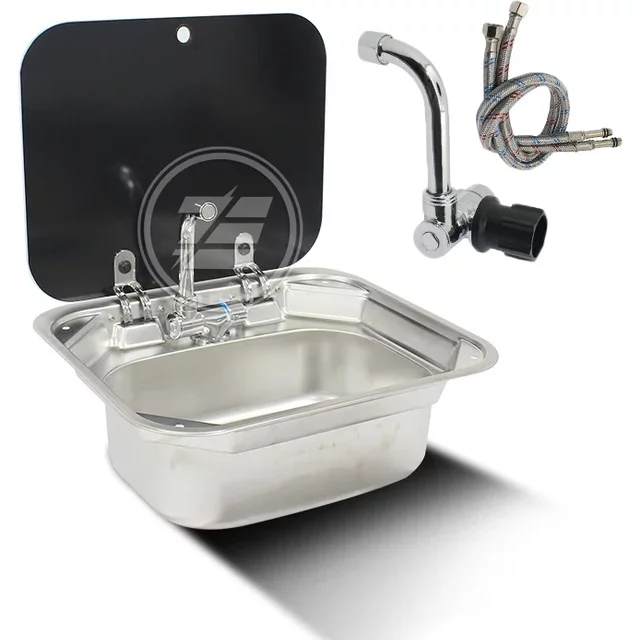 Caravan Camping Stainless Steel Hand Wash Basin with Tempered Glass Lid Camping Accessories Caravan Stainless Steel Lidded Sinks