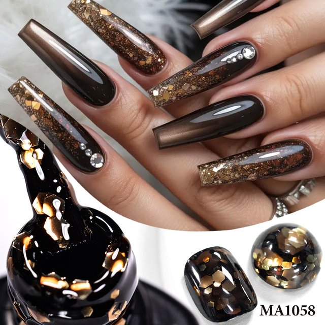 7ml Golden Brown Glitter Sequins Gel Nail Polish Nail Art Semi Permanent Soak Off UV LED Gel Varnish Manicure DIY Nail Supplies