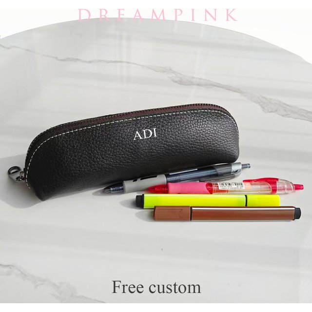 Custom Name Genuine Leather Pencil Bag Persoanlized Name Student Pen Pouch Luxury Cowhide Women Small Makeup Brush Zip Bag