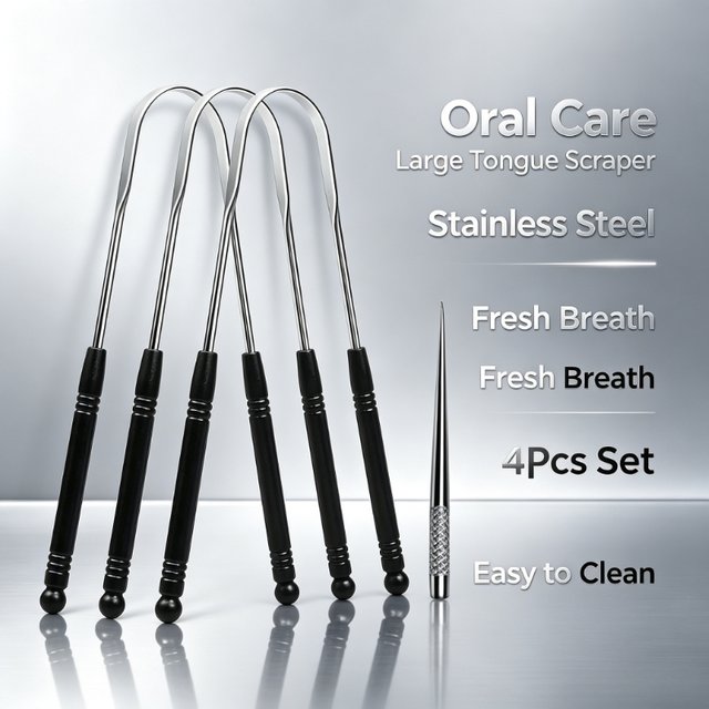 4pcs large stainless steel tongue scraper set,removes tongue coating, reduces bad breath,practical household oral care tool