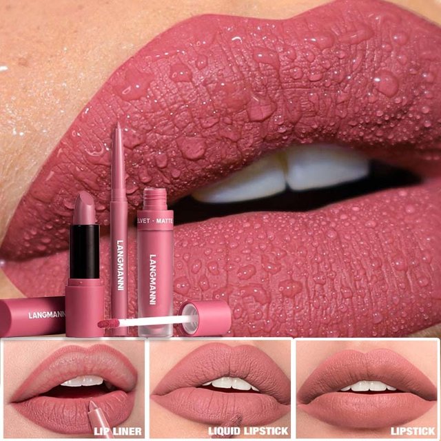 3pcs Lip Liner Lipstick Set Waterproof Long-Lasting Lip Gloss Matte Velvet Nude Brown Lips Plumper Contour Pen Makeup For Woman