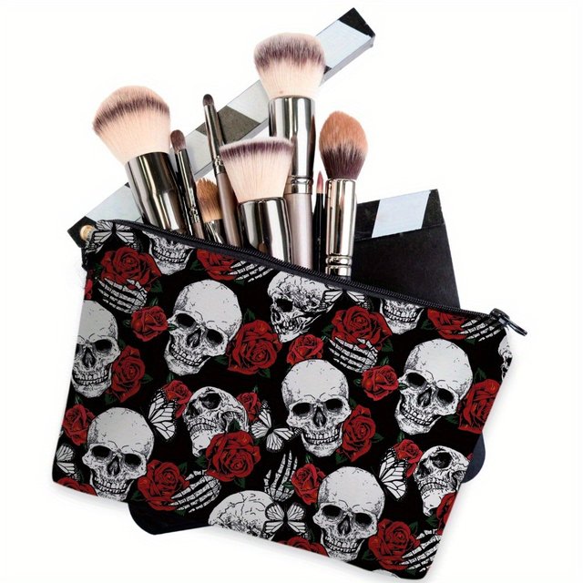 Gothic Rose and Skull Pattern Makeup Bag Durable Polyester Portable Cosmetic Pouch Travel Bag Large Capacity Halloween Gift