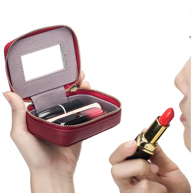 Lipsticks Case with Built-In Mirror Mini Cosmetic Bag Zipper Makeup Organizer Coin Pouch Travel Contact Lens Case Lipstick Purse