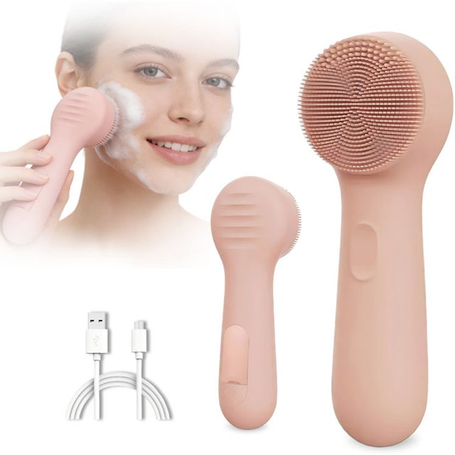 Silicone Face Scrubber Electric Facial Cleansing Brush with Heating Vibration Waterproof Face Wash Brush with 5 Speed Adjustable