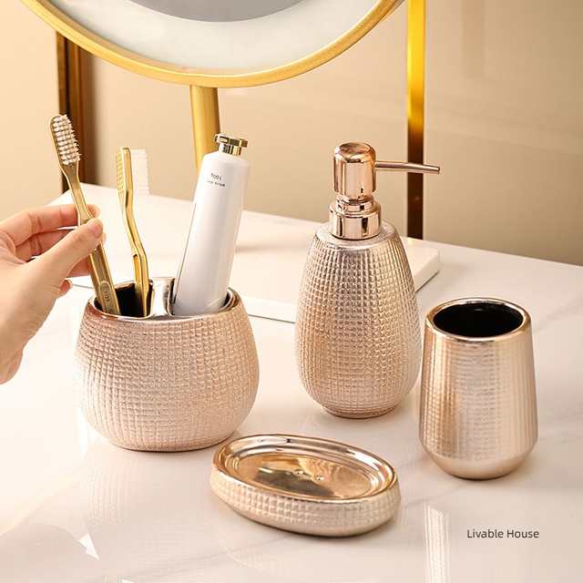 Rose gold ceramic wash bathroom Accessories set hotel bathroom wash Soap set dish lotion bottle mouth wash cup Toothbrush holder
