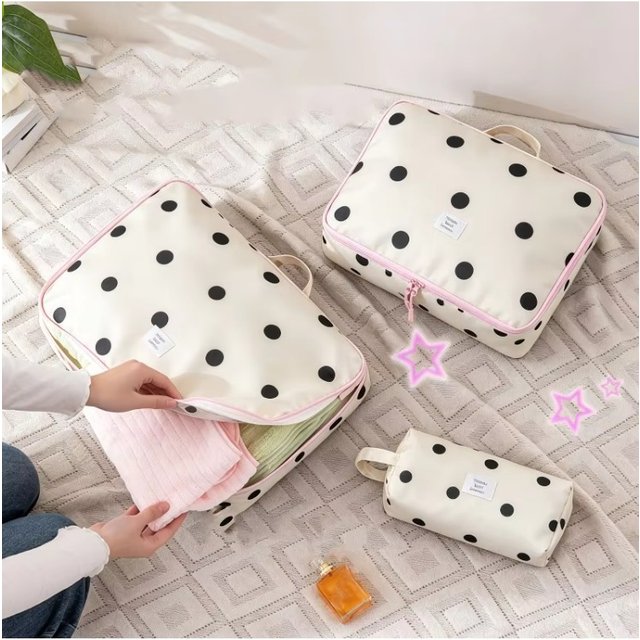 Polka Dot Travel Cosmetic Storage Bag Women's Portable Large Capacity Makeup Bag Clothes Underwear Separation Organizer Case