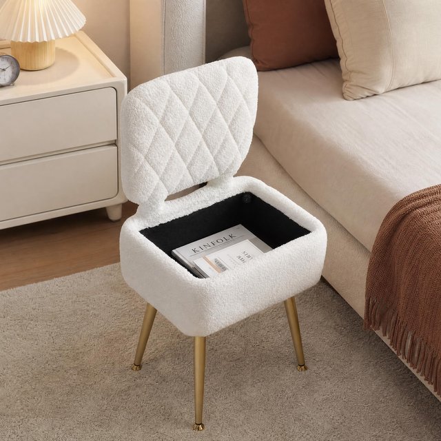 Sherpa Vanity Chair With Storage Small Upholstered Makeup Stool With Back Soft Fleece Accent Seat For Dressing Table
