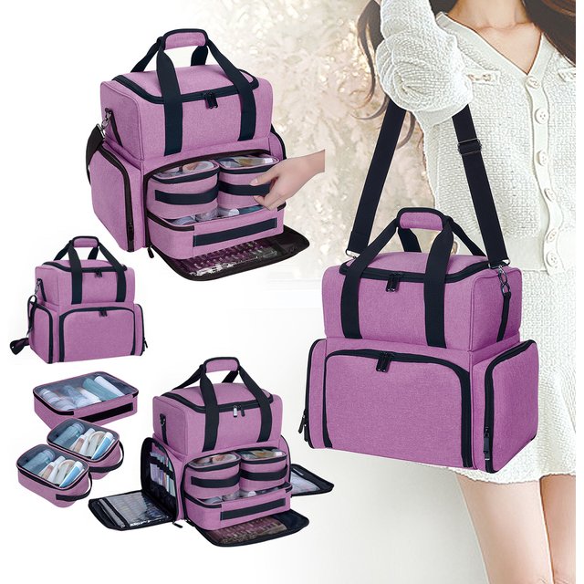 UOZL Large Capacity Double-layer Makeup Bag with 3 Removable Pouches and 2 Removable Compartments with Adjustable Shoulder Strap