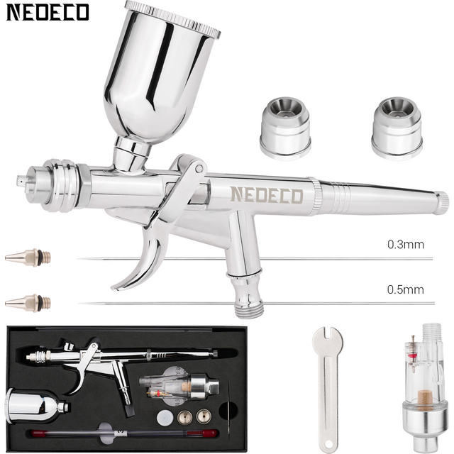 Pistol Grip Airbrush Kit 0.3mm/0.5mm with Fan Cap 15CC Fluids Cups Efficiency for Car Model DIY Painting Makeup Nail Art Cake