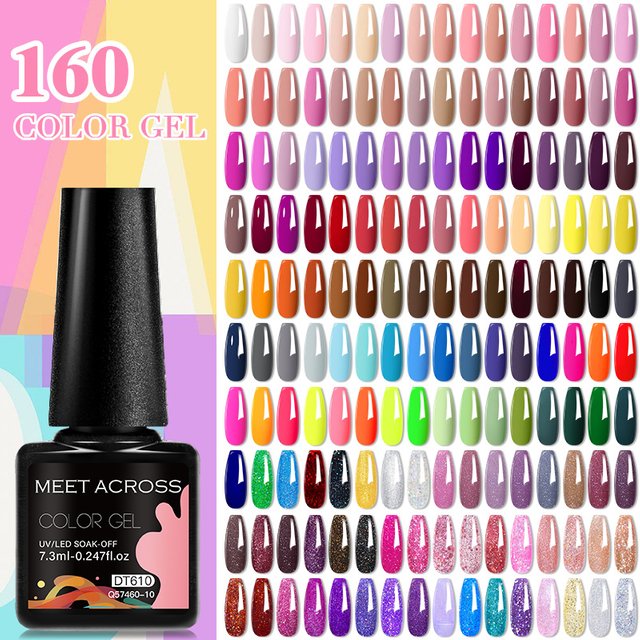 MEET ACROSS 7.3ml 160 Colors Nail Polish Colorful Glitter Gel Nail Polish Soak Off UV LED Nail Glue DIY Nail Art Nail Supplies