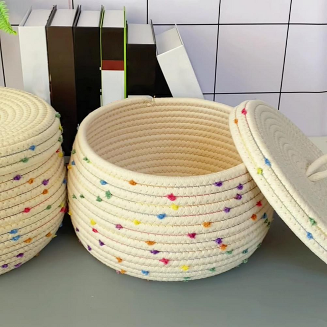 Large Capacity Cotton Rope Desktop Storage Basket with Lid, Waterproof Sundries Box, Portable Cosmetics Storage Box