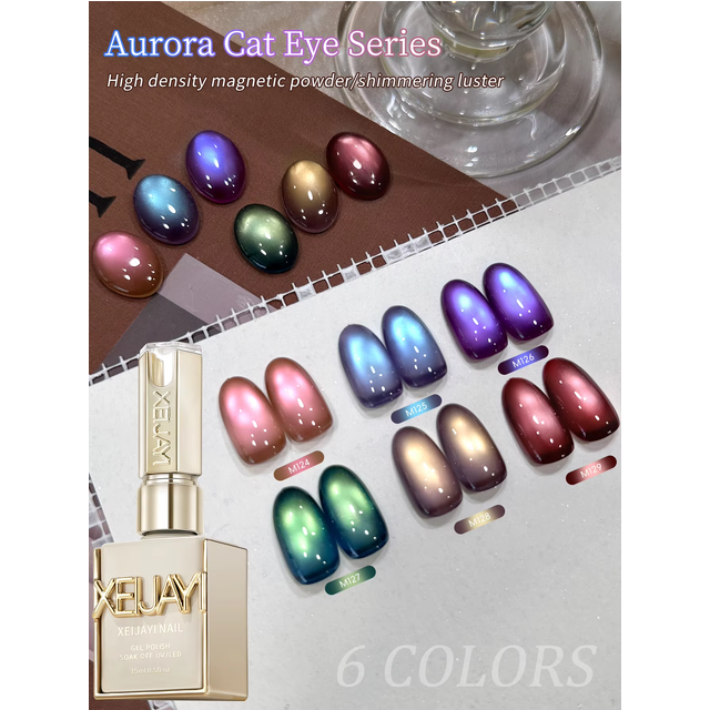 XEIJAYI 1/6Pcs 15ml Aurora Cat's Eye Gel Set Nail Polish Shiny Sequins Soaking UV/LED Women's Nail Salon DIY Design