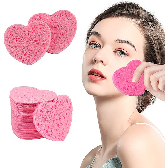 20/50Pcs Heart Natural Wood Pulp Sponge Cellulose Compress Cosmetic Puff Facial Wash Sponge Face Care Clean Makeup Remover Tool