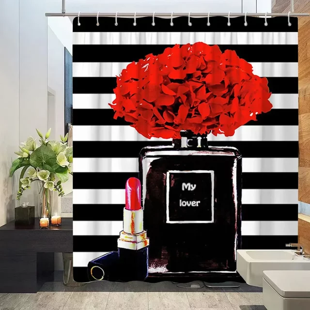 Rideau de douche et tapis à fleurs, parfum cosmétique, ensemble de salle de bain, talons à fleurs, rouge à lèvres, tissu suspendu pour la maison, salle de bain