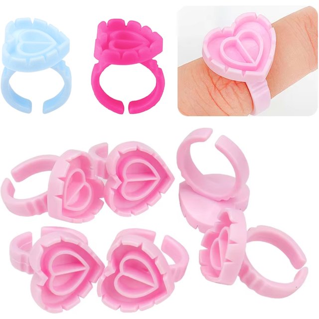 100Pcs Heart-Shaped Disposable Eyelash Glue Rings Plastic Tattoo Pigment Holder Pallets Cup Shaped Eyelash Extension Makeup Tool