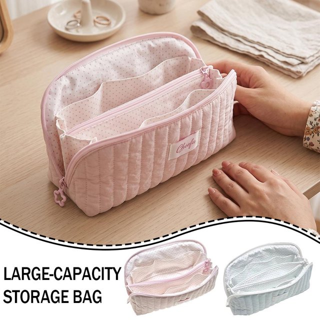 Stylish Pen Bag Makeup Bag Polka‑dot Pencil Case Large‑Capacity Multi-Compartment Cute Stationery Storage Pouch School Office