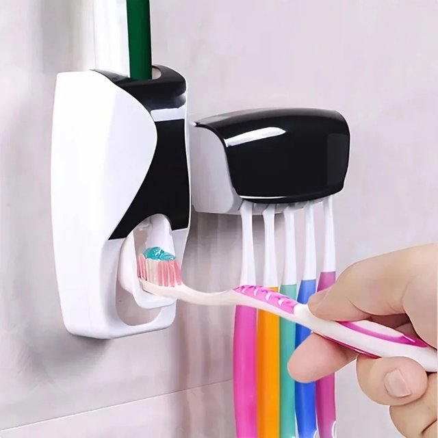Auto Toothpaste Dispenser Toothbrush Holder Wall Mounted Bathroom Organizer Set with Squeezer Black Bath Accessories Ofertas