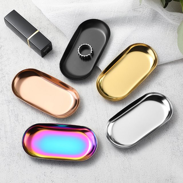 Oval Stainless Steel Tray Aromatherapy Manicure Jewelry Storage Tray Metal Cosmetic Storage Fruit Dessert Tray Snack Plate