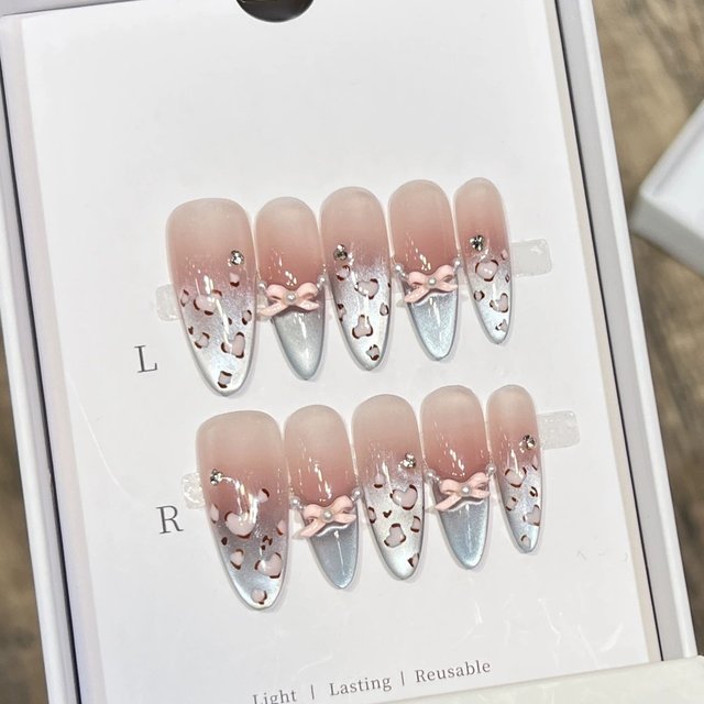 10pcs Long Almond Pink Leopard Print Flower Blush French Cat Eye Bow Resin Fake Nails for Parties Wedding DIY Manicure