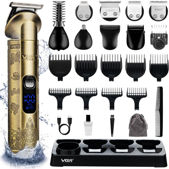 VGR V-110 Beard Trimmer for men Rechargeable - Cordless Hair Clippers - IPX6 Waterproof - Electric Shaver Razor - Male Grooming Kit For Ear Nose Body Facial Stubble Head Haircuts - 8 In 1