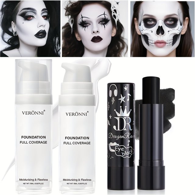 White Liquid Foundation And Black Lipstick Halloween Cosplay Set,Suitable for Adults,Matte Finish,Long-Lasting for All Skin Type