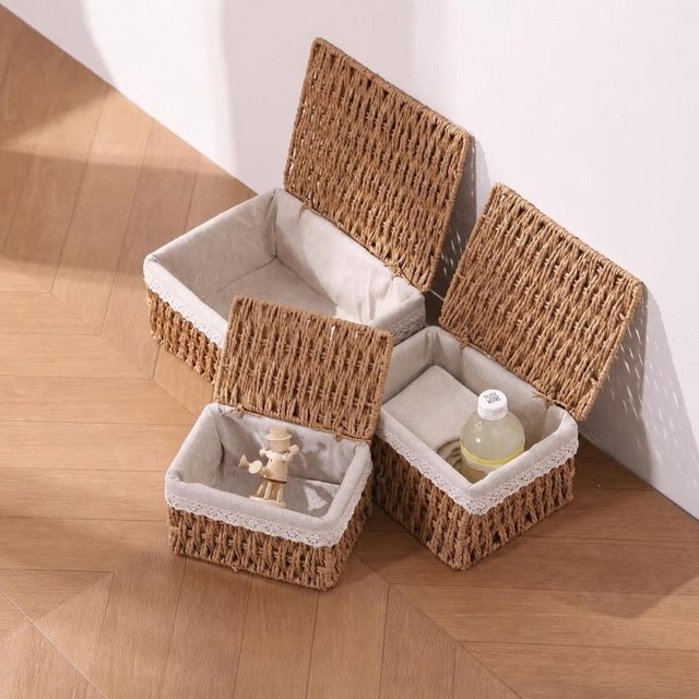 Imitation Rattan Storage Baskets Hand-woven with Lid/Liner Wicker Basket Multi-Purpose Shelf Organizer Makeup Organizer