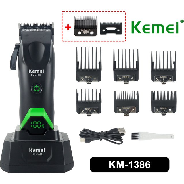 Kemei 1386 Men's Hair Clipper 8000RPM DLC Blade with Base Charger LED Display 2000mAh Professional Hair Cutting Machine Trimmer