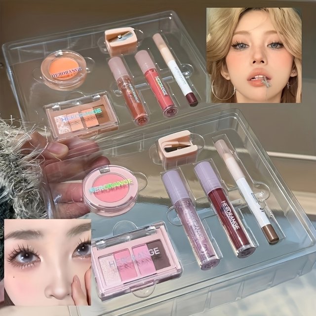 Herorange 6Pcs Mini Makeup Set Lip Gloss Lip Tint Eyeliner Blush Eyeshadow Waterproof Long Lasting