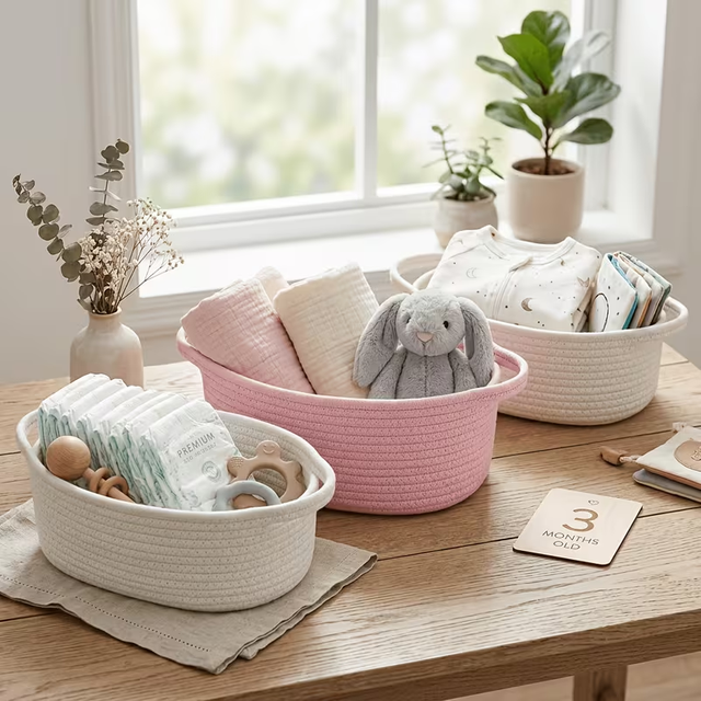 Handwoven Cotton Rope Desk Basket, Nordic Minimalist Storage Tray for Office Supplies, Makeup & Crafts