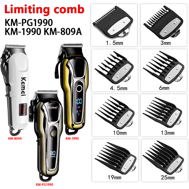 8Pcs Professional Limit Comb Cutting Guide Combs 1.5/3/4.5/6/10/13/19/25MM Set For Kemei KM-1990 KM-PG1990 KM-809A Hair Clipper