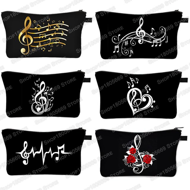Music Note Women Cosmetic Bag Heartbeat ECG Women Makeup Bag Portable Lipstick Sanitary Pad Storage Toiletries Bags for Travel