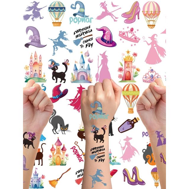 Magic witch temporary tattoo, removable funny makeup tattoo decorations, witch, magic broom, kitten, crown, magic pot.