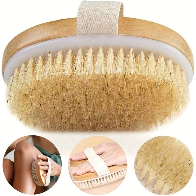 Dry Body Brush with Wooden Handle, Natural Bristle Exfoliating Brush for Shower, Skin Scrubber for Spa & Daily Skincare