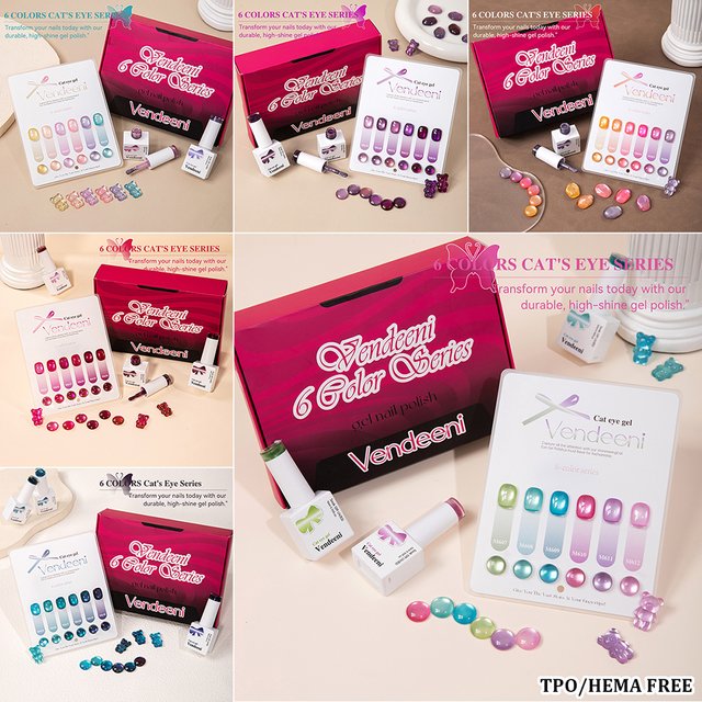 Vendeeni 6 Colors/Set Crystal Cat Eye Gel Nail Polish Magnetic Glass Beads Soak Off UV LED Cat Eye Gel Varnish With Display