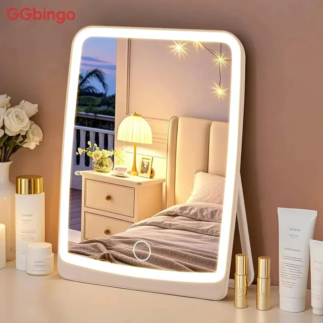 GGbingo 3Colors Dimmable LED Makeup Mirror with Touch Screen Fold Cosmetic Makeup Mirror Rechargeable Tabletop for Travel & Home