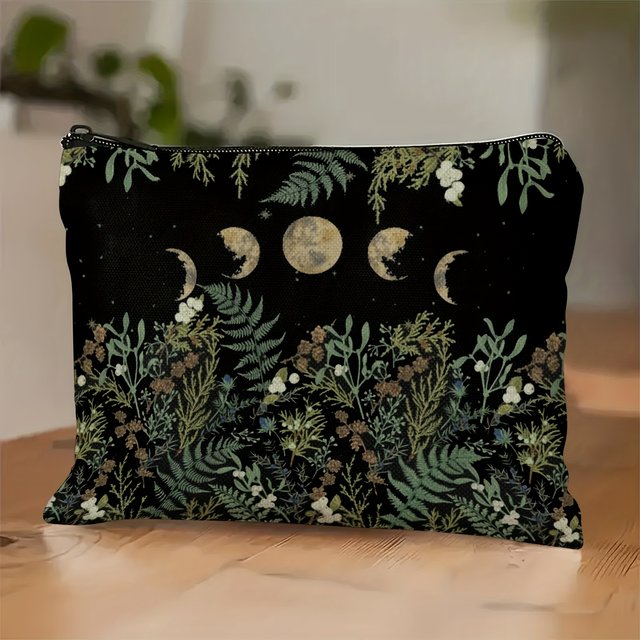 Green Witch Nature Moon Phase Forest Boho Tarot Zipper Pouch Cosmetic Bag Crescent Moon & Foliage Pencils, Travel Accessories
