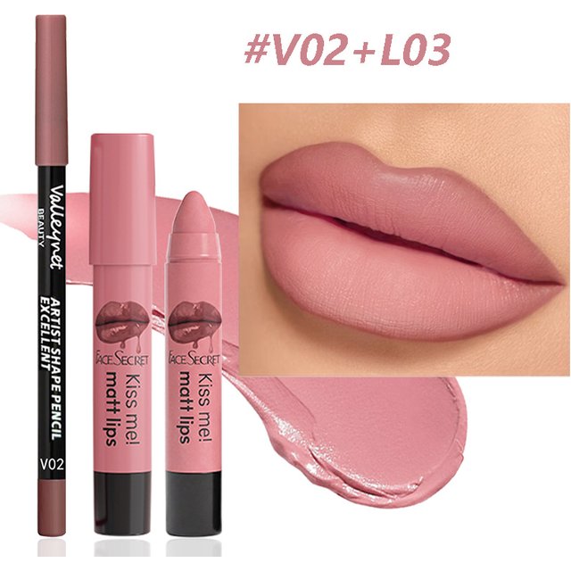 2pcs/Set Velvet Matte Finish Lipliner & Lipstick ,Waterproof,Precise Definition,Full Color,Natural Lip Enhancement Duo