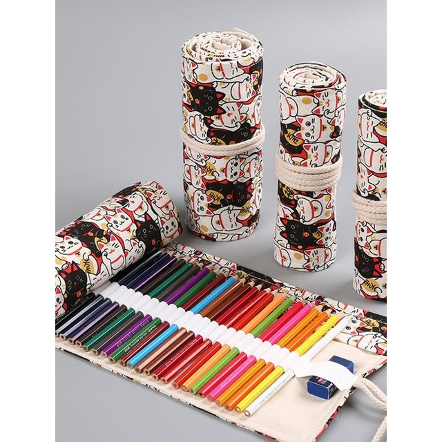 12/24/36/48/72 Hole Colorful Cloth Pencil Case Antique Aesthetics Stationery Cosmetic Pencil Storage Bag Stationery Box