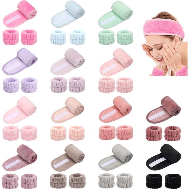 3-Piece Headband Set, 1-Piece Headband & 2-Piece Wristband, Facial Cleansing, Suitable for All Skin Types