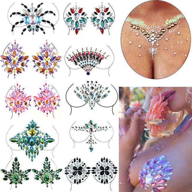 Blingbling Shiny Resin Drill Chest Tattoos Stickers Music Festival Party Carnival Makeup Collarbone Nipple 3D Tattoo Decoration