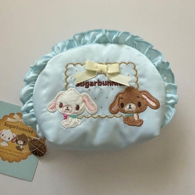 Kawaii Sugarbunnies Bonnie Biscuit Series Light Blue Ruffle Satin Cosmetic Bag Embroidery Storage Bag Pencil Case Storage Gifts
