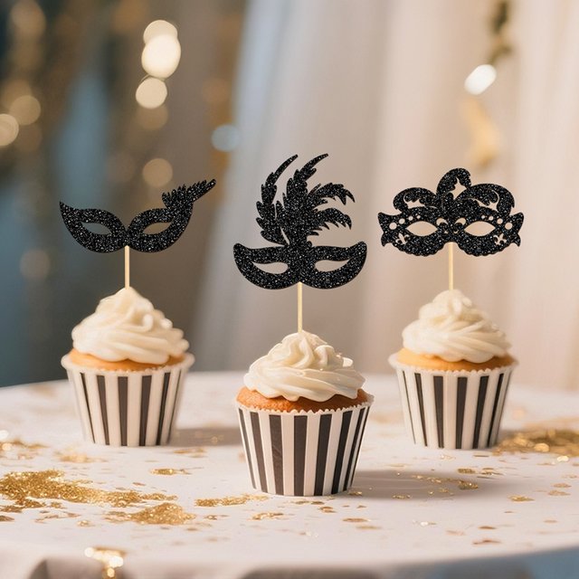 YOMDID 24 pièces masques de mascarade Cupcake Toppers paillettes Bachelorette fête Cupcake choix mascarade Mardi Gras décorations de fête