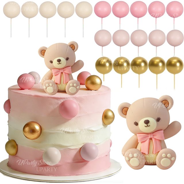 21 décorations de gâteau Ours Bébé, boules beige et dorées, rose blush, vert sauge, bleu, nœuds, pour anniversaire et baby shower