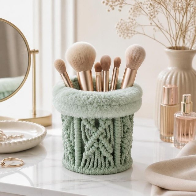 Cotton Rope Weaving Storage Basket Hollow Out Boho Style Desk Organizer Leaf Creative Makeup Brush Holder Bedside Table