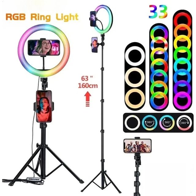 10in 26cm Selfie Ring Light RGB Phone Stand Holder Photography RingLight Circle Color Lamp LED Fill Light Makeup Trepied Live
